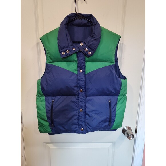 Women's Vintage Pappagallo Reversible Down Puffer Vest Blue Green Large - Picture 1 of 7